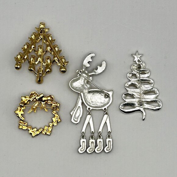 Vintage Christmas Brooch Lot Danecraft & NR Signed Reindeer, Trees, Wreath - Picture 10 of 10